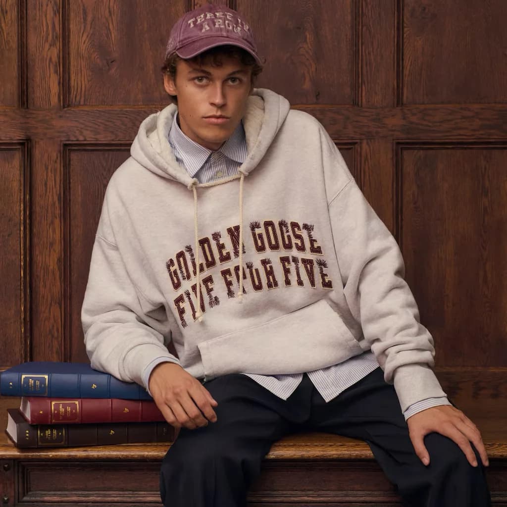 Model wearing Golden Goose and FiveFourFive menswear