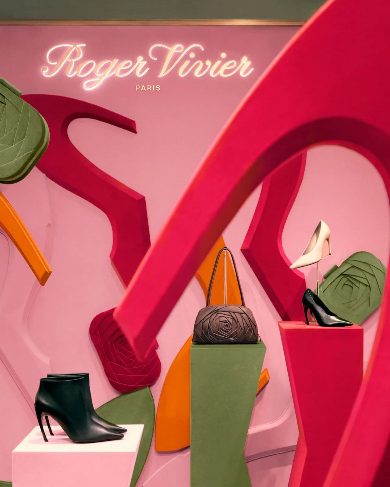 Roger Vivier Choc footwear and Roseling bag display at Le Bon Marché in Paris