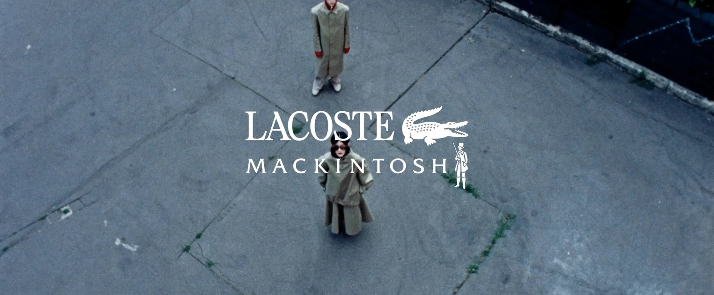 Lacoste x Mackintosh outerwear presented in a rain swept tennis court setting