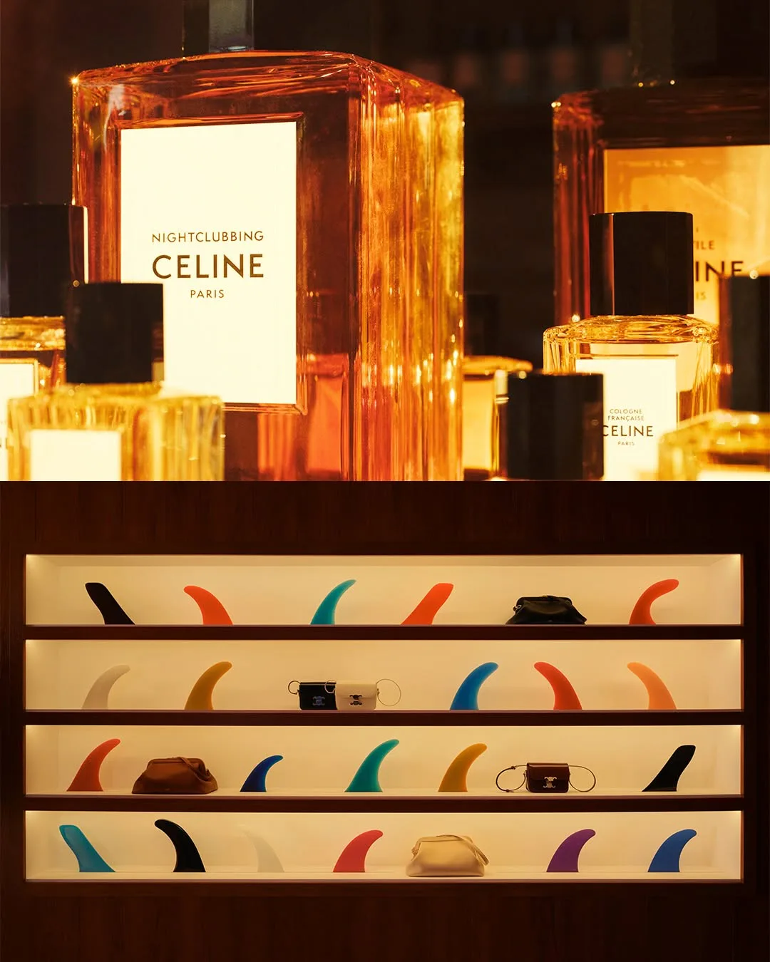 CELINE fragrances and handbags in amber-lit seaside-themed displays