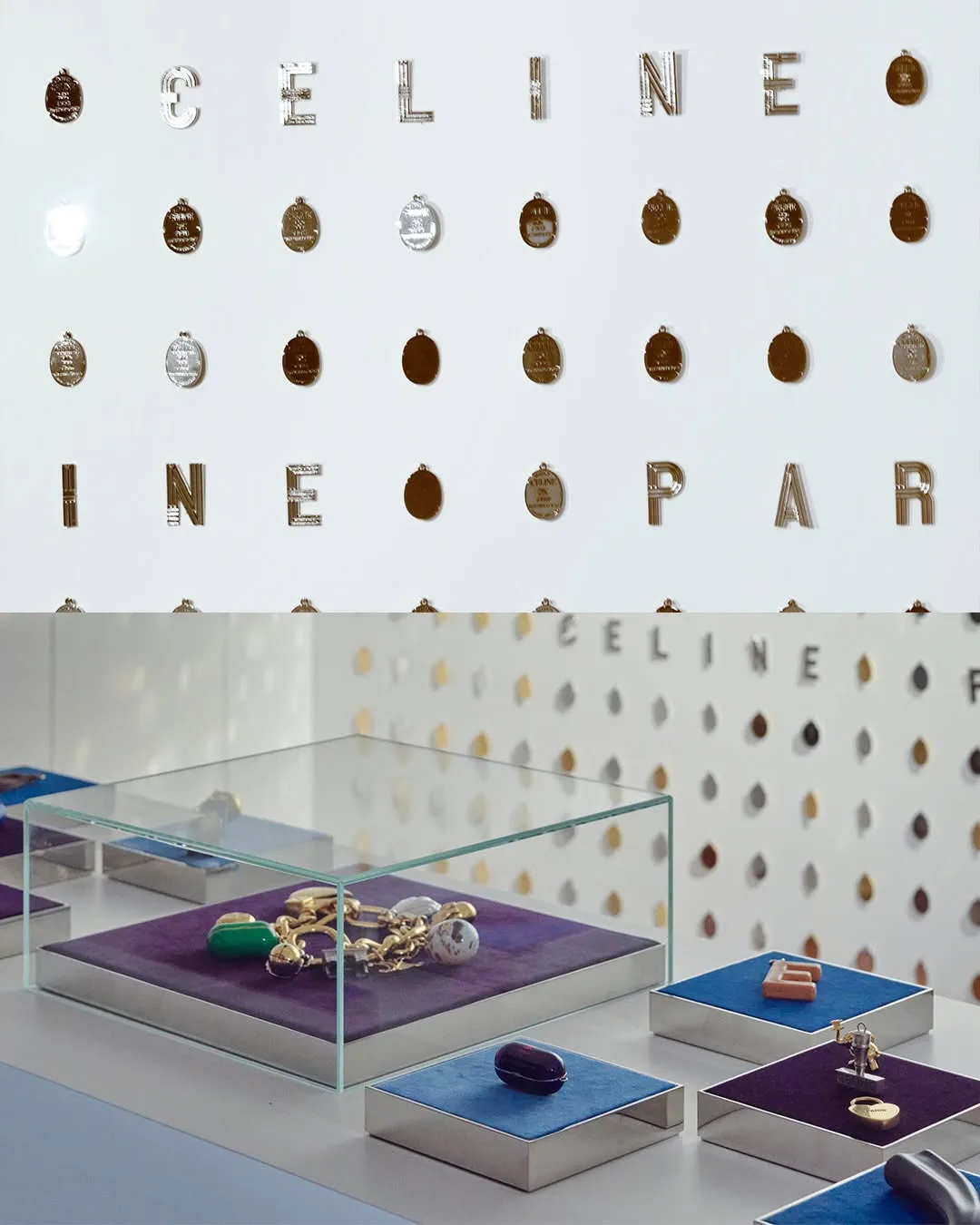 CELINE pendants and jewelry displayed in glass cases at the Shanghai pop-up