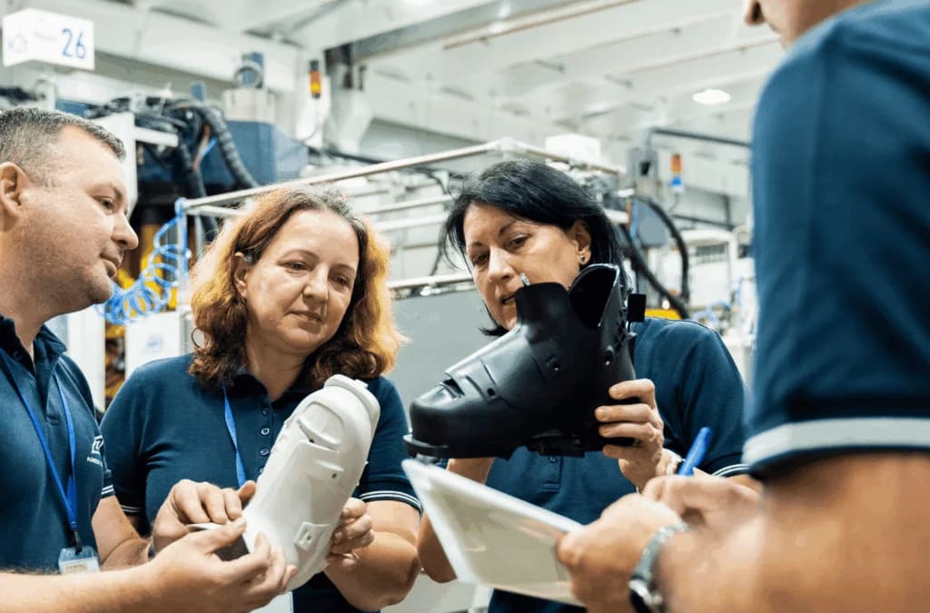 Amer Sports factory employees in Romania inspecting ski-boot components