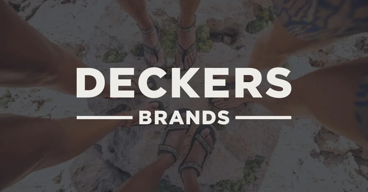 Deckers Brands corporate graphic over an outdoor footwear photograph