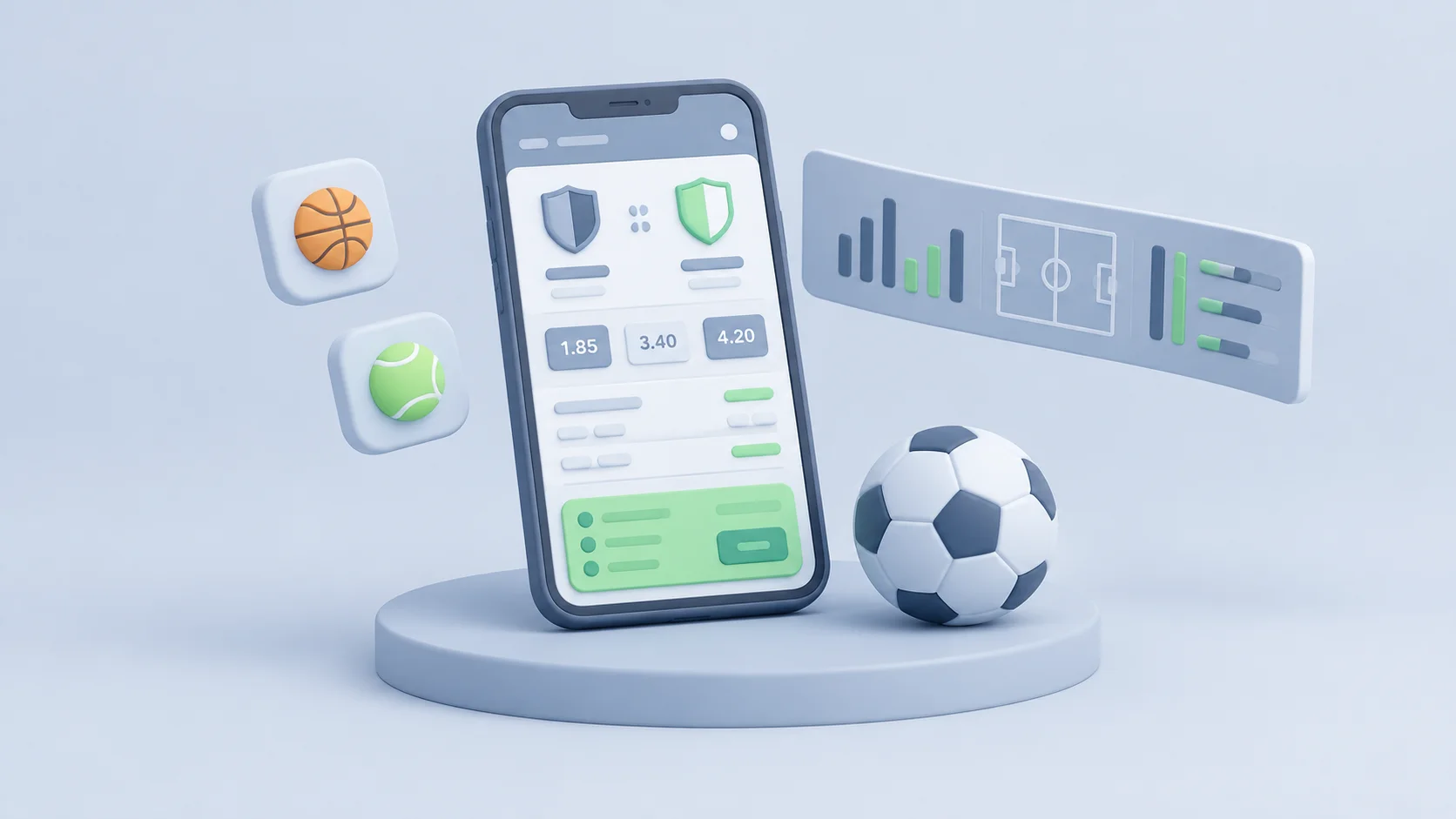 Illustration of a smartphone showing sports betting odds beside sports balls and data charts