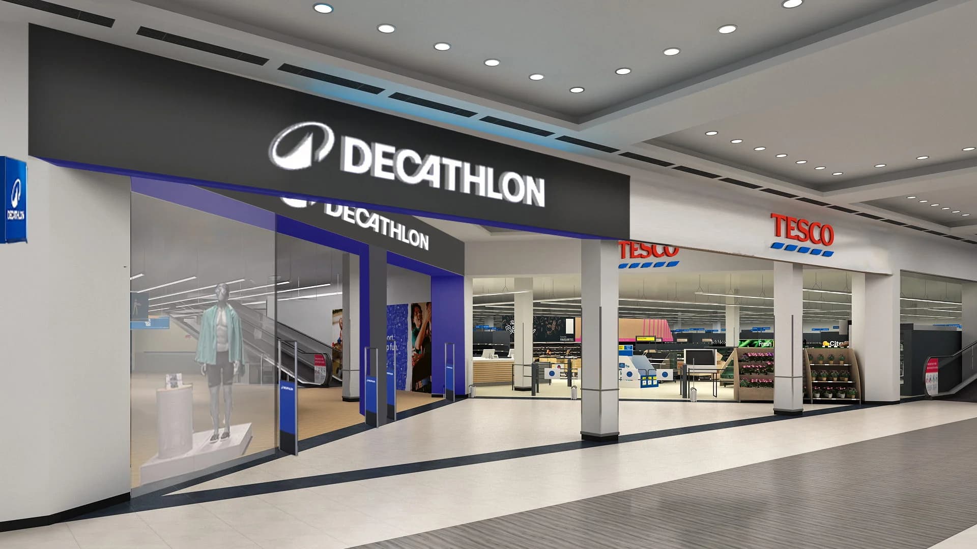 Architectural rendering of the planned Decathlon storefront inside Tesco at Douglas Village Shopping Centre in Cork.