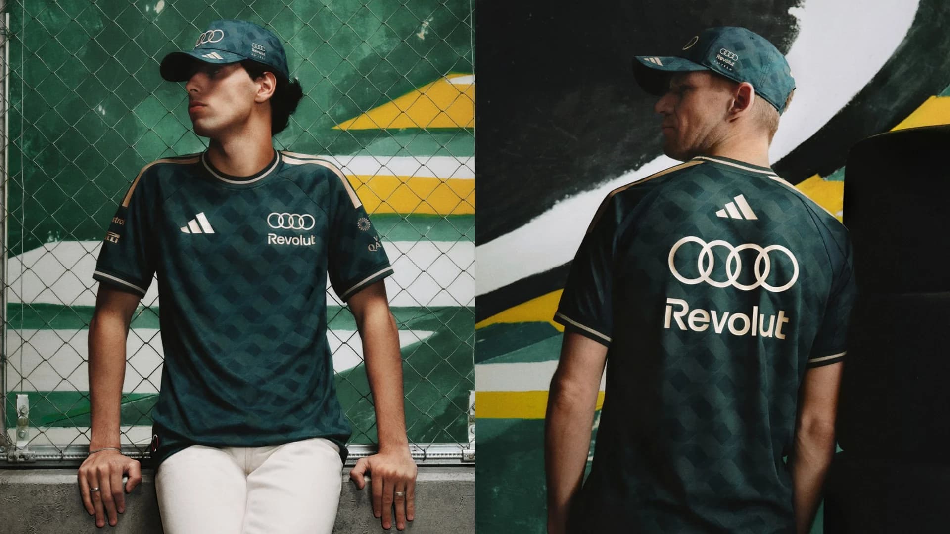 Two campaign views show green adidas and Audi Revolut F1 Sampa Soul jerseys and caps