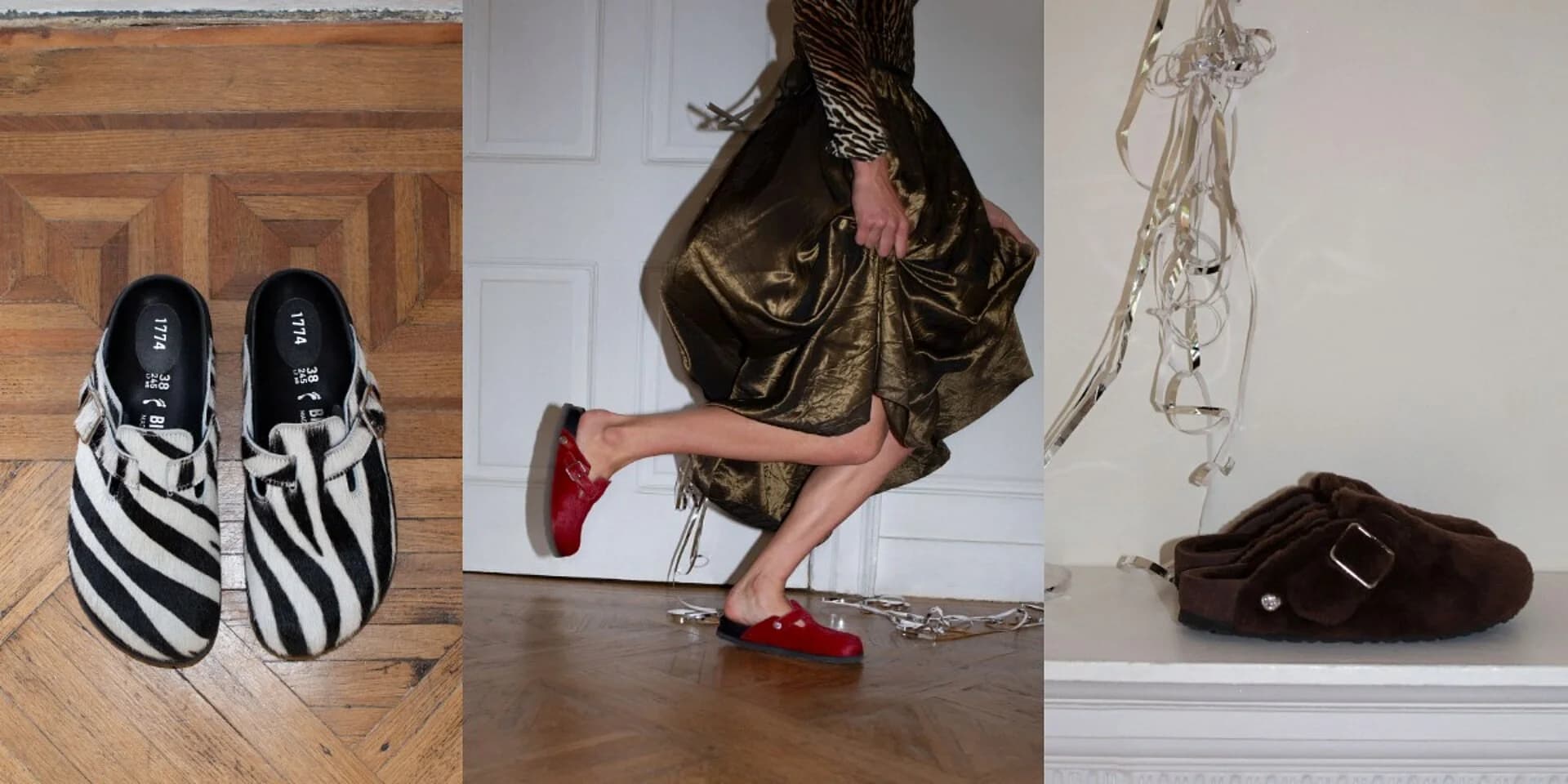 Birkenstock 1774 holiday campaign showing zebra-print, red and brown shearling footwear