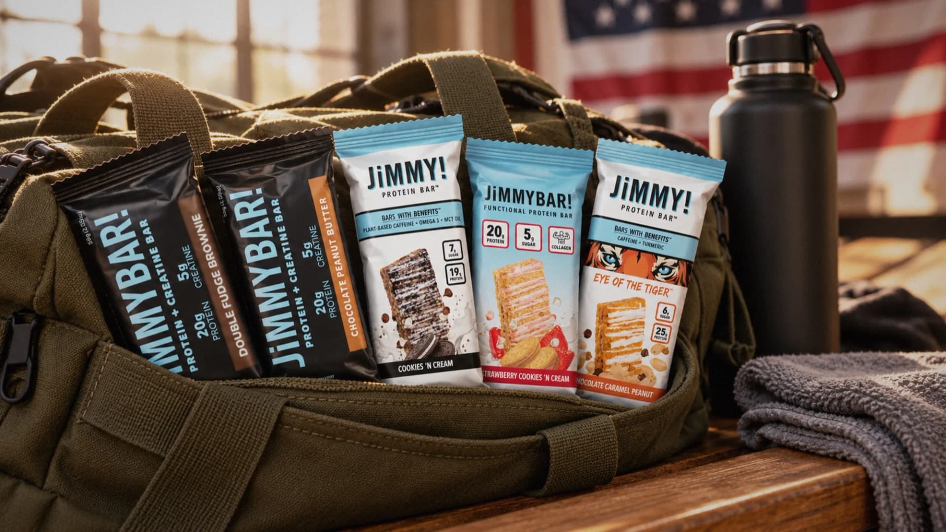 JiMMYBAR functional protein bars arranged in a duffel bag in the company’s military retail press photograph