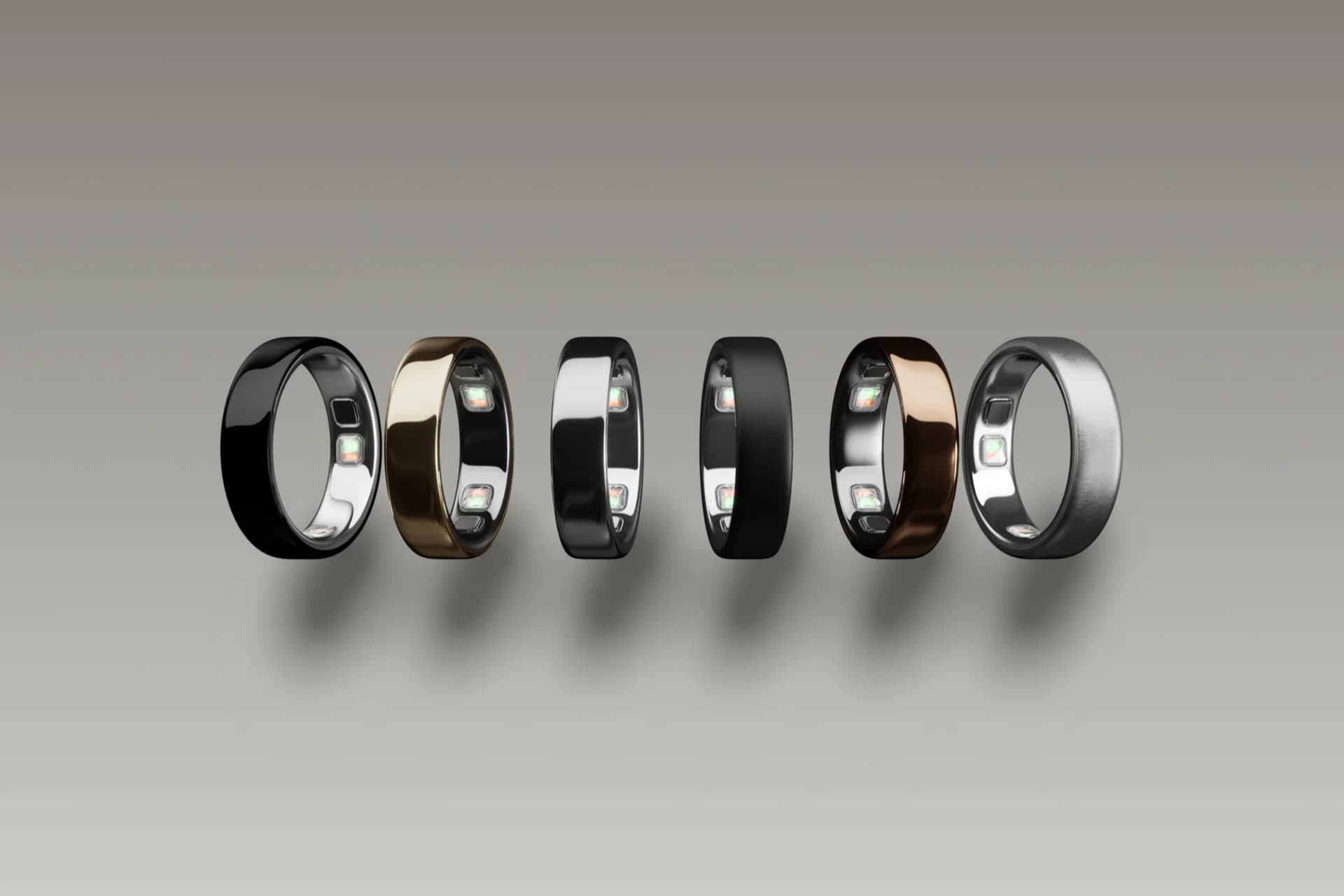 Six Oura Ring 5 finishes shown in an official product press image