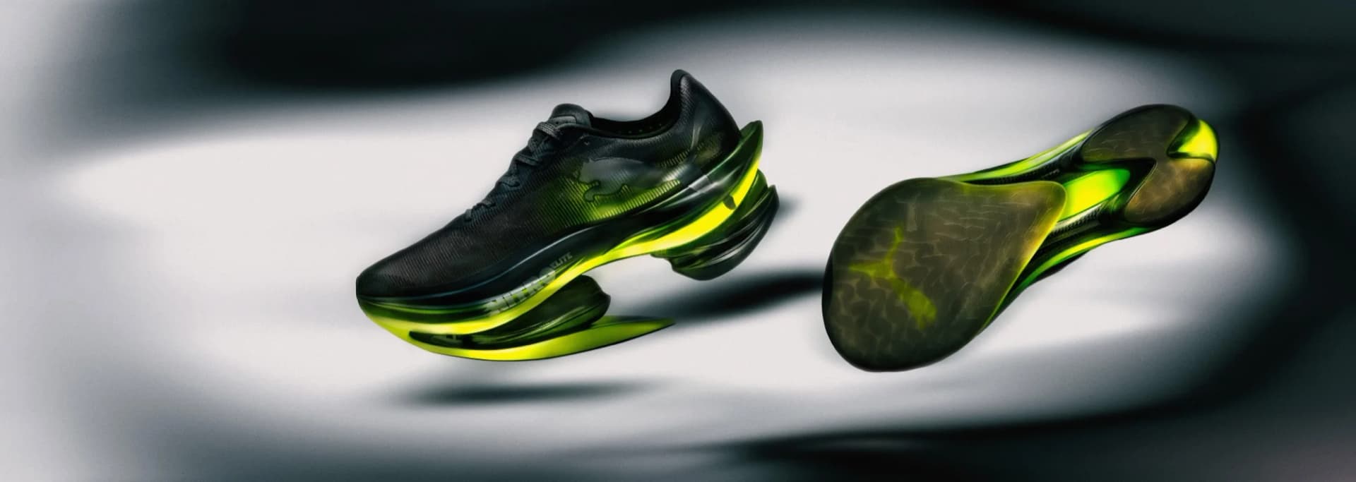 PUMA FAST-RB NITRO Elite 2 running shoes in black and bright green, showing the upper and sole