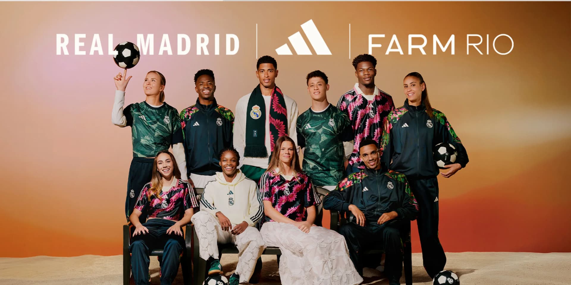 Real Madrid players and FARM Rio representatives wear the collaborative collection with adidas branding.