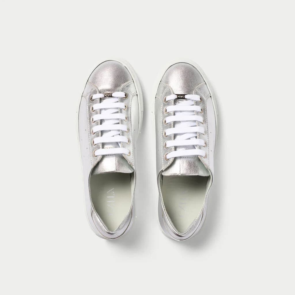 Top view of a pair of Calla Star silver metallic sneakers