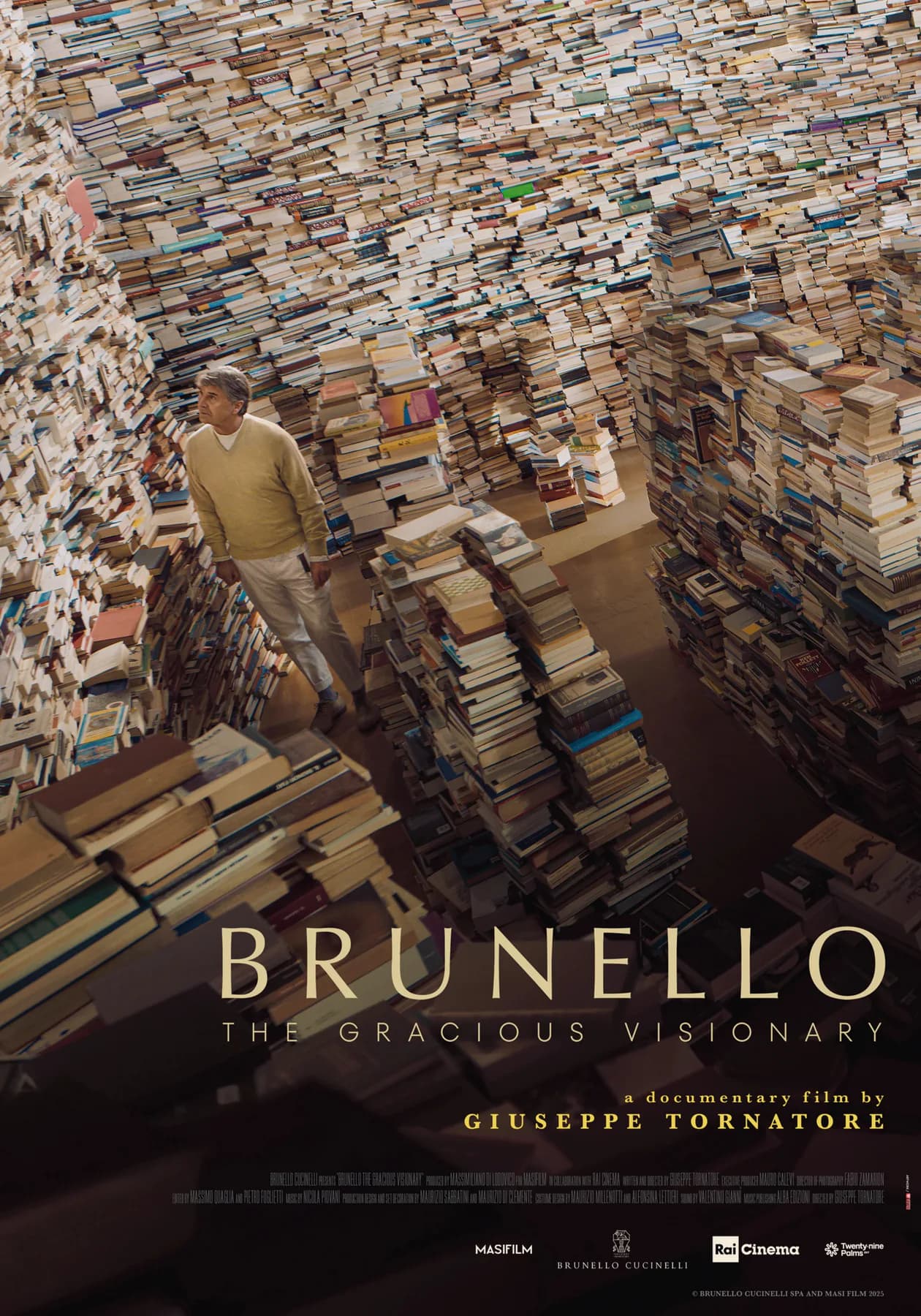 Brunello Cucinelli walks among towering bookshelves on The Gracious Visionary poster