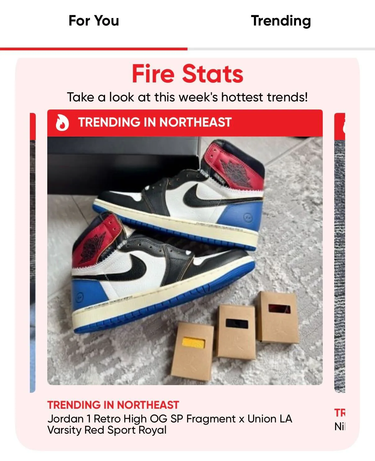 HauteFire Fire Stats card for the Fragment x Union LA Jordan 1 in red and blue