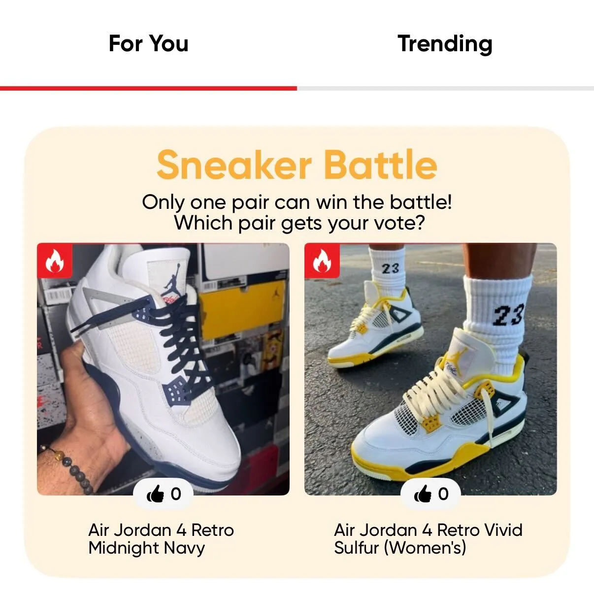 HauteFire Sneaker Battle comparing Midnight Navy and Vivid Sulfur Air Jordan 4s