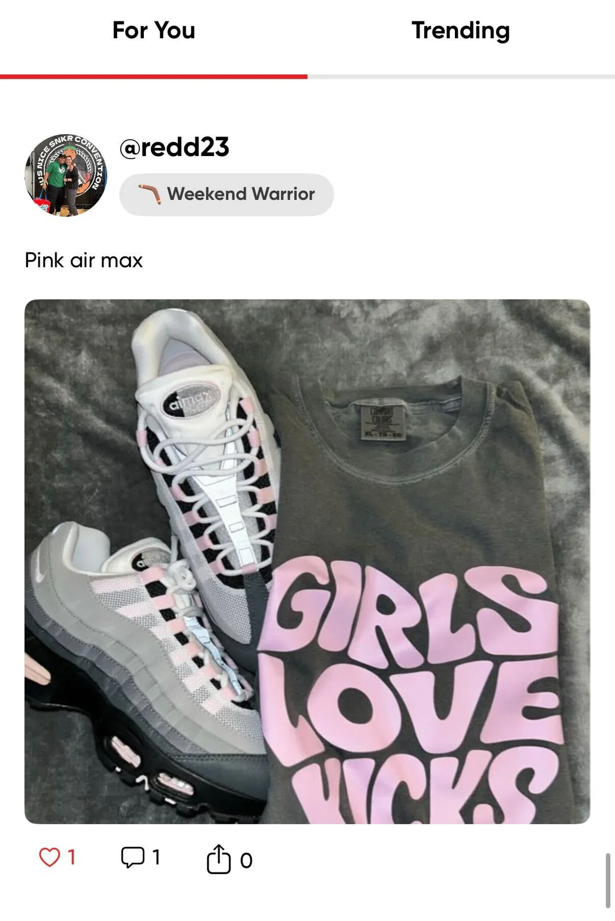 HauteFire post with gray-and-pink Air Max sneakers beside a Girls Love Kicks shirt