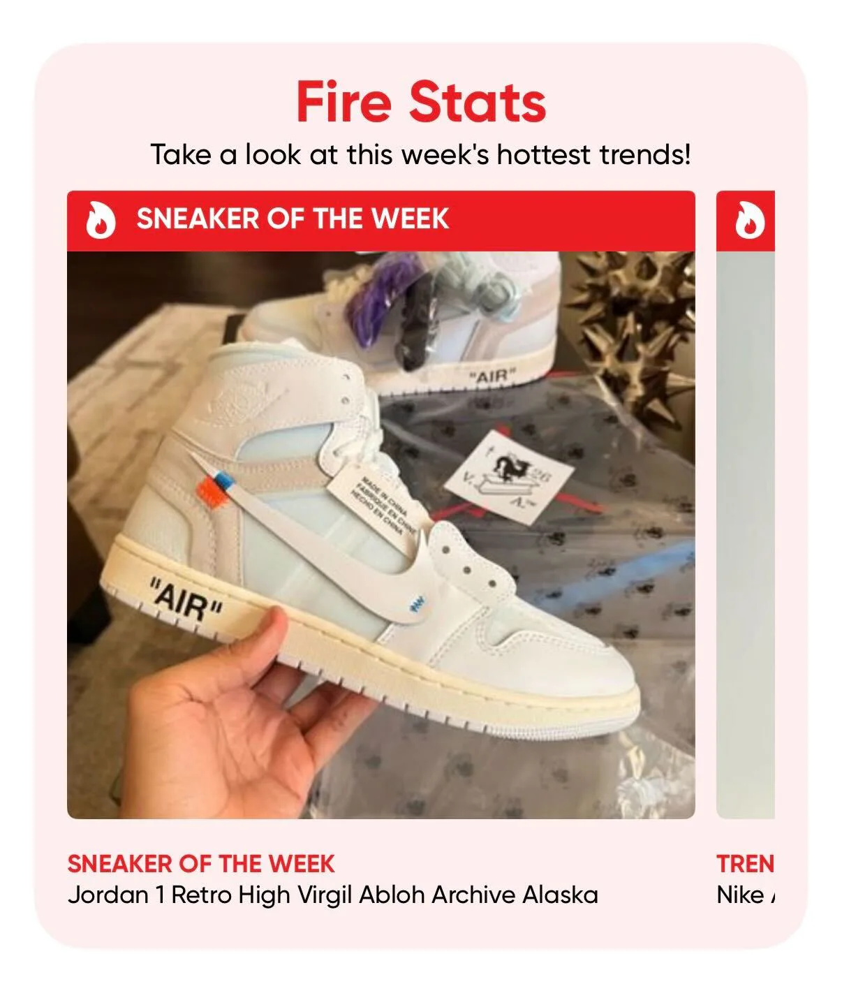 HauteFire Sneaker of the Week card for the Virgil Abloh Archive Alaska Jordan 1