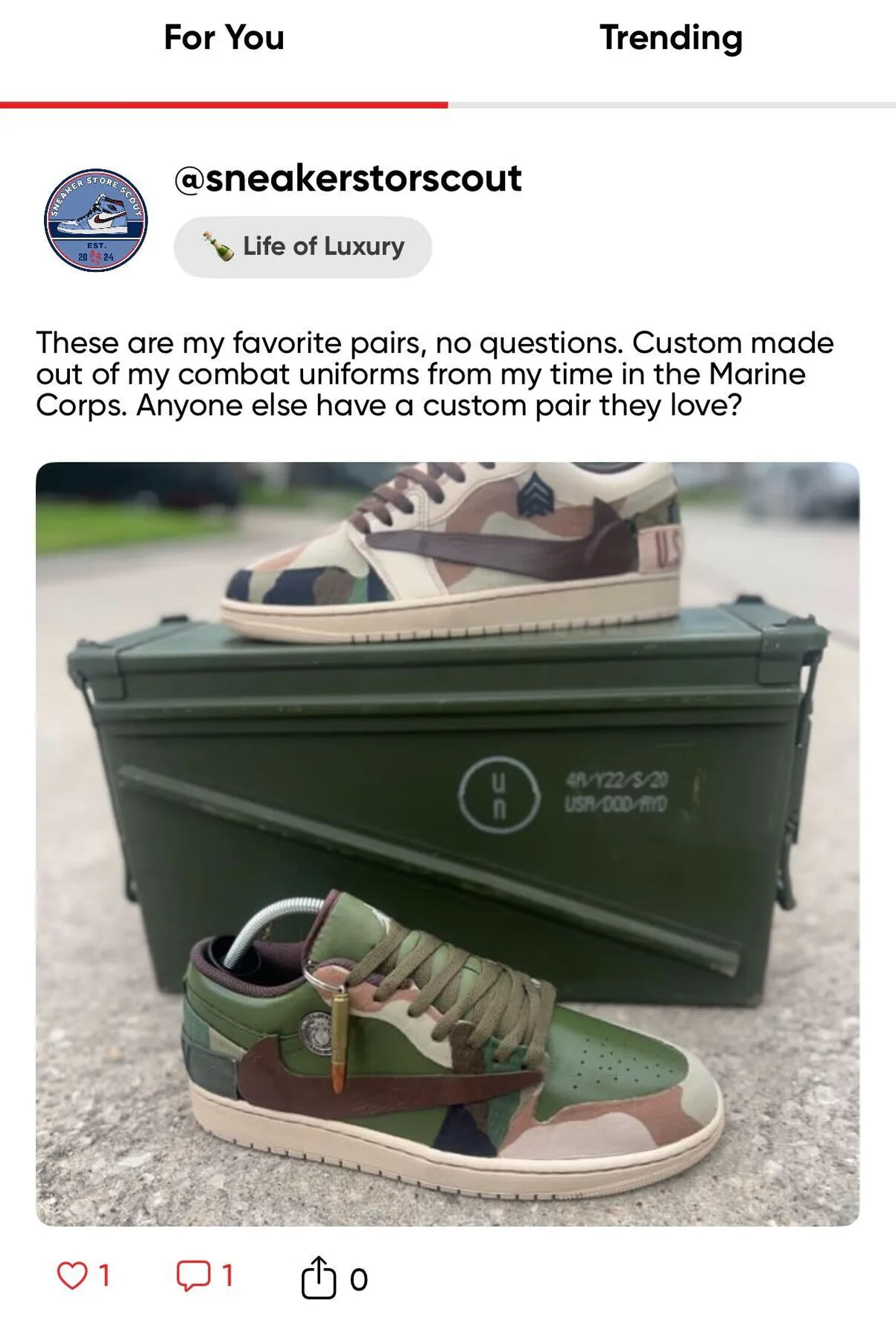HauteFire post showing custom Nike sneakers made from Marine combat uniforms
