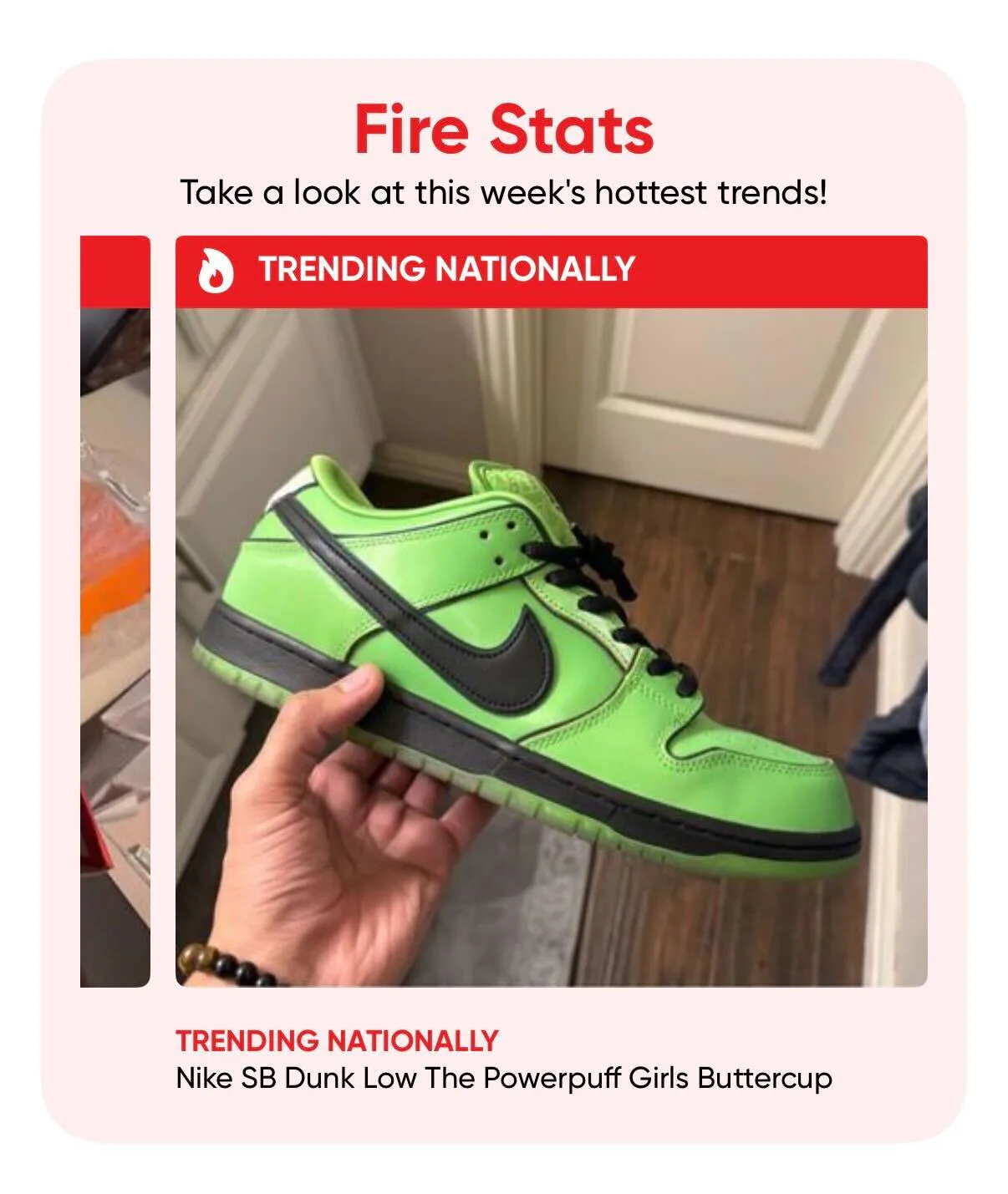 HauteFire Fire Stats card for the green Powerpuff Girls Buttercup Nike SB Dunk