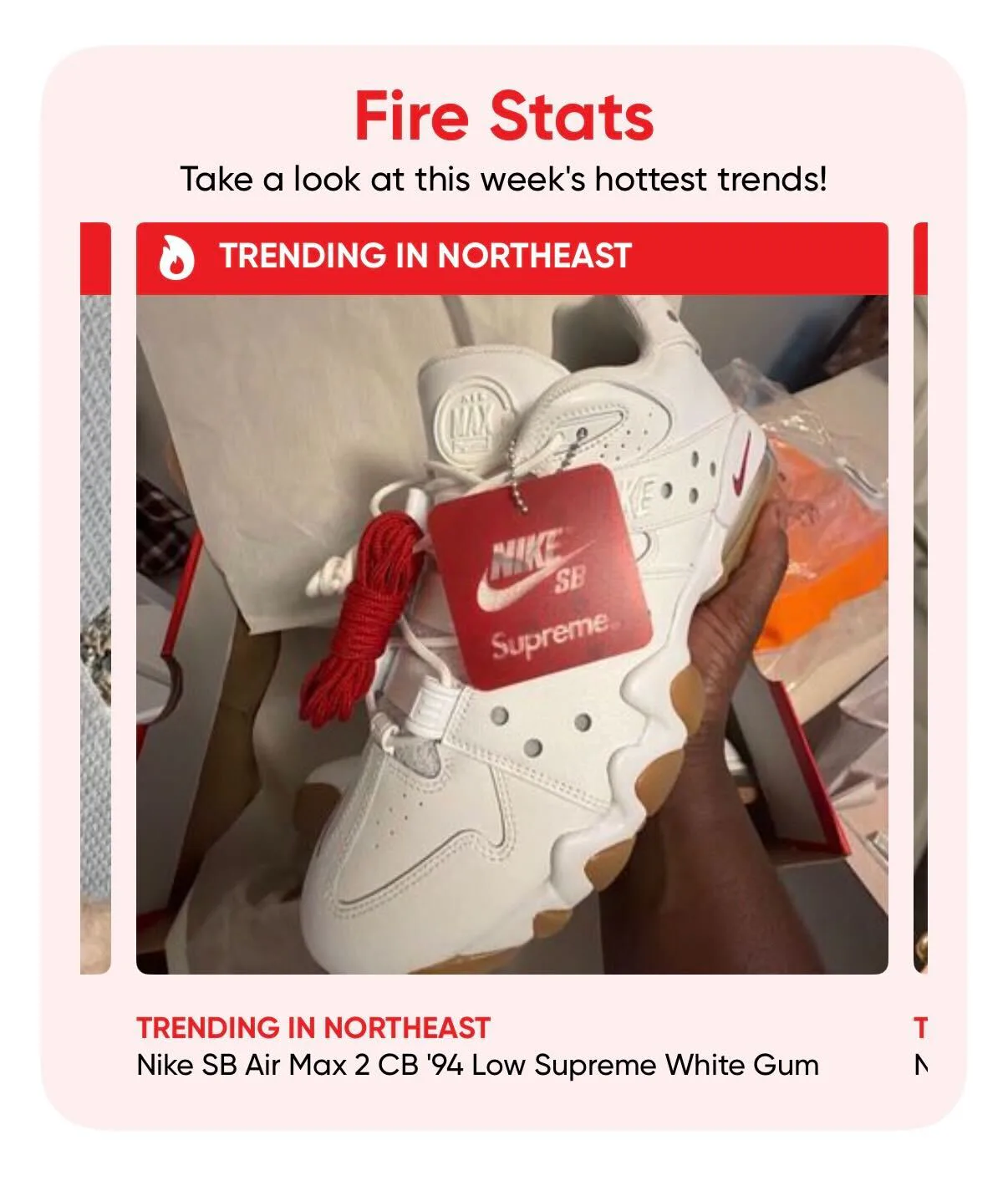 HauteFire Fire Stats card for the Supreme white-and-gum Nike SB Air Max 2 CB '94