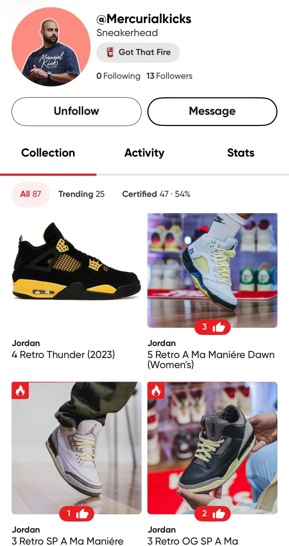 HauteFire collection grid featuring Jordan 4 Thunder and A Ma Maniére styles