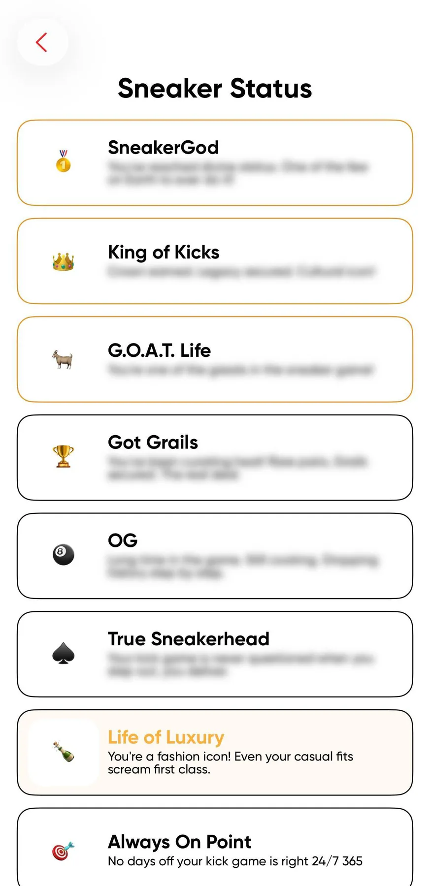 HauteFire screen listing sneaker status levels from SneakerGod to Always On Point