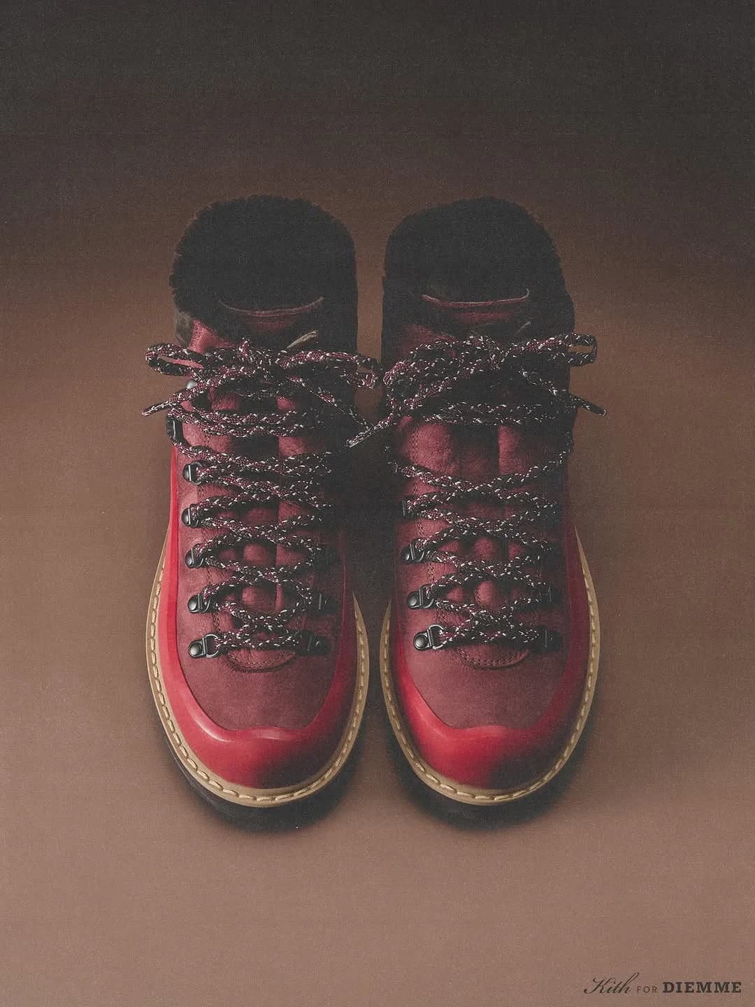 Pair of burgundy Kith x Diemme hiking boots viewed from above