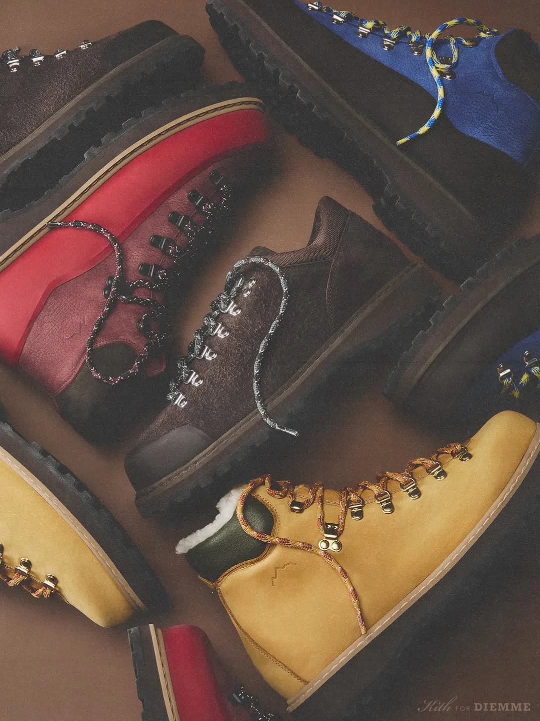 Assorted Kith x Diemme shoes and boots arranged in four colorways