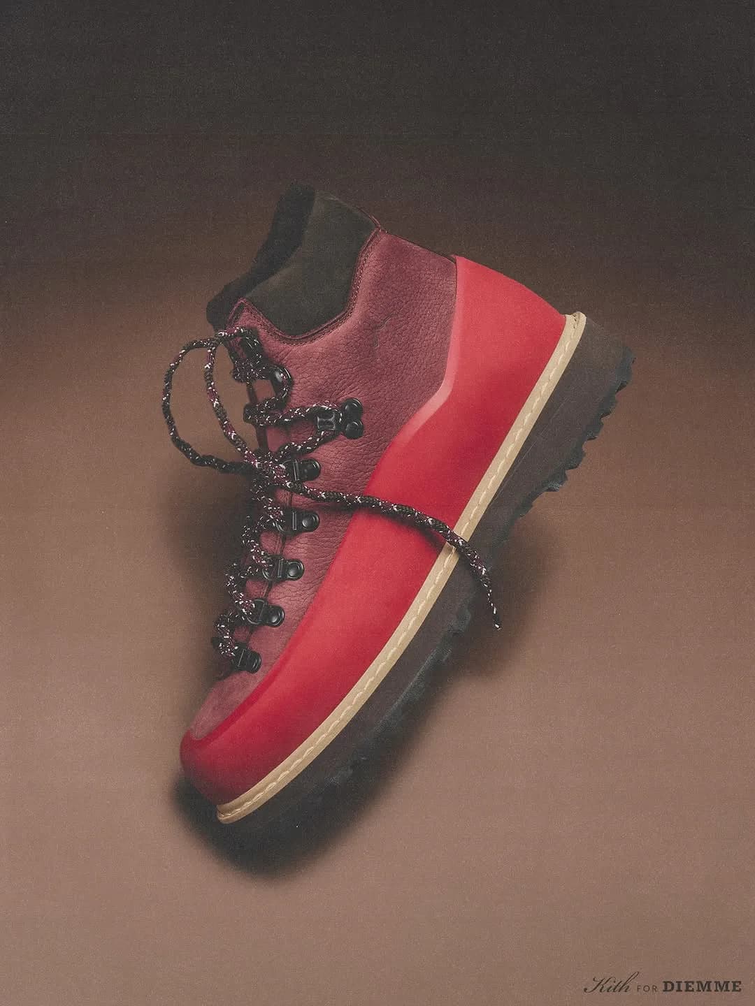 Angled view of a burgundy Kith x Diemme hiking boot