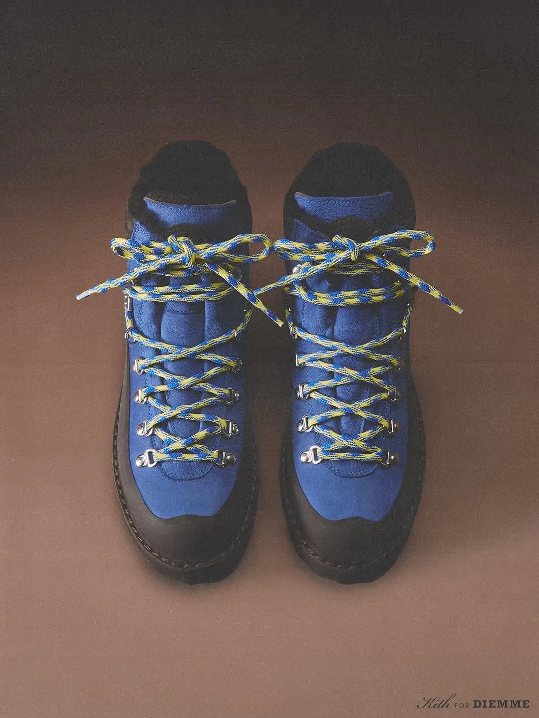Pair of blue Kith x Diemme hiking boots viewed from above