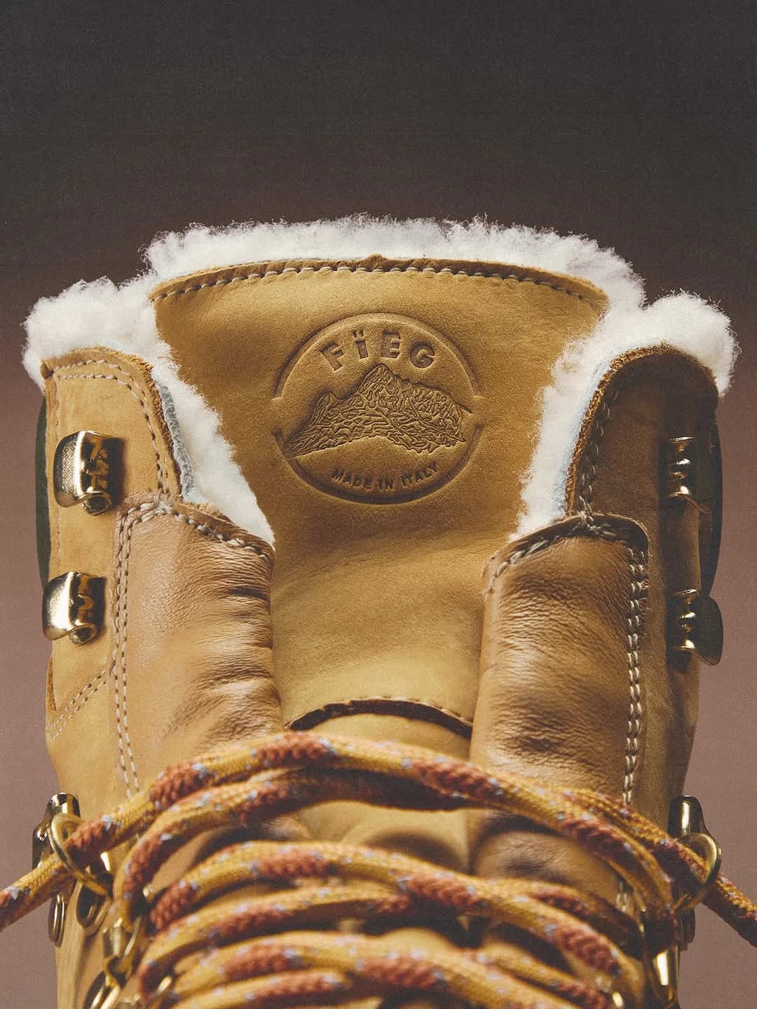 Close-up of a shearling-lined tan Kith x Diemme boot tongue and laces