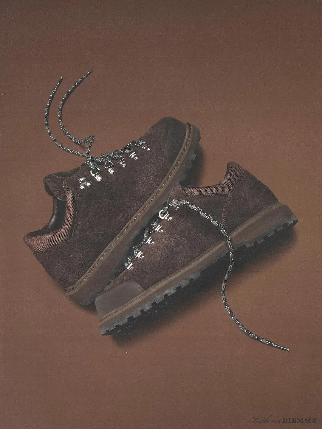 Pair of brown suede Kith x Diemme low-top hikers with patterned laces