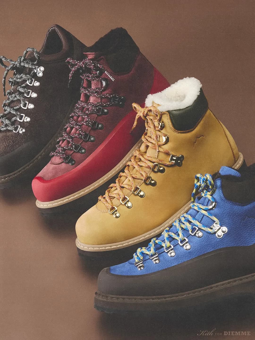 Four Kith x Diemme hiking boots in black, burgundy, tan, and blue