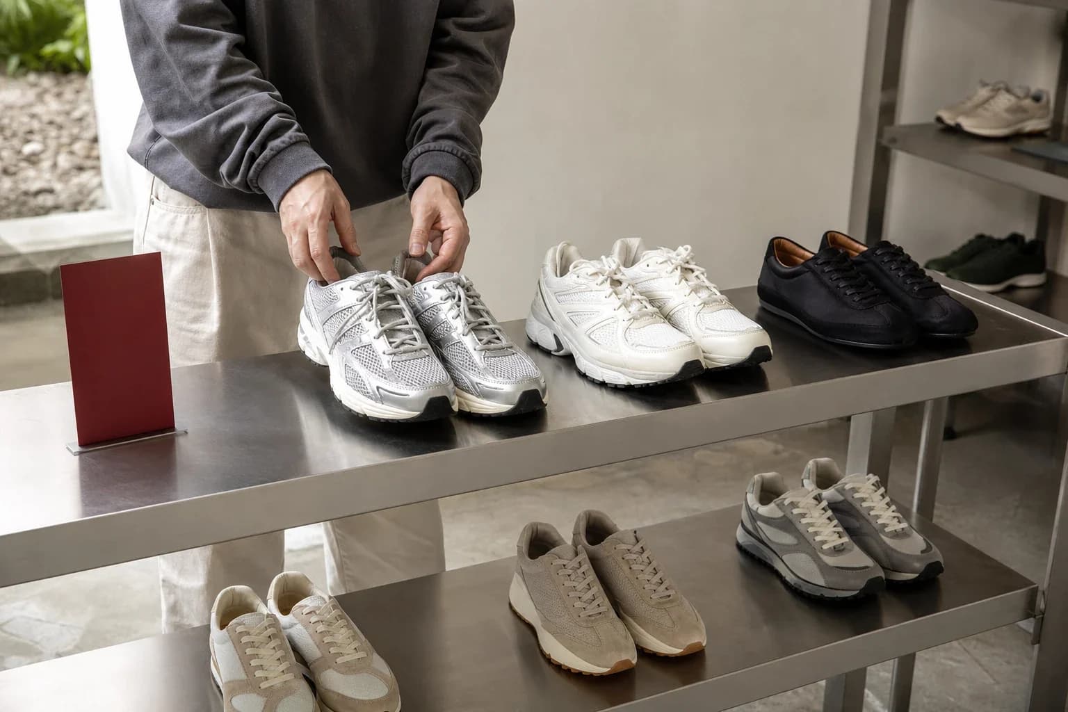 Stylist arranging silver, white, and black retro sneakers on metal display tables