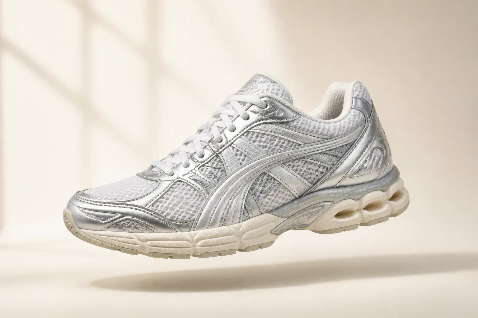 Unbranded white and silver mesh Y2K-style sneaker in a warm studio setting