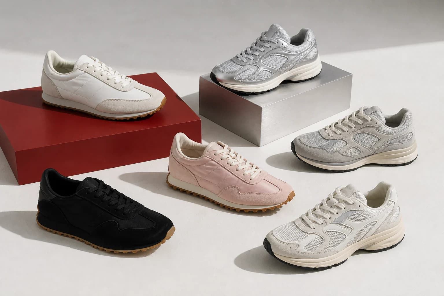 Six unbranded retro sneakers arranged on a warm white and red editorial set