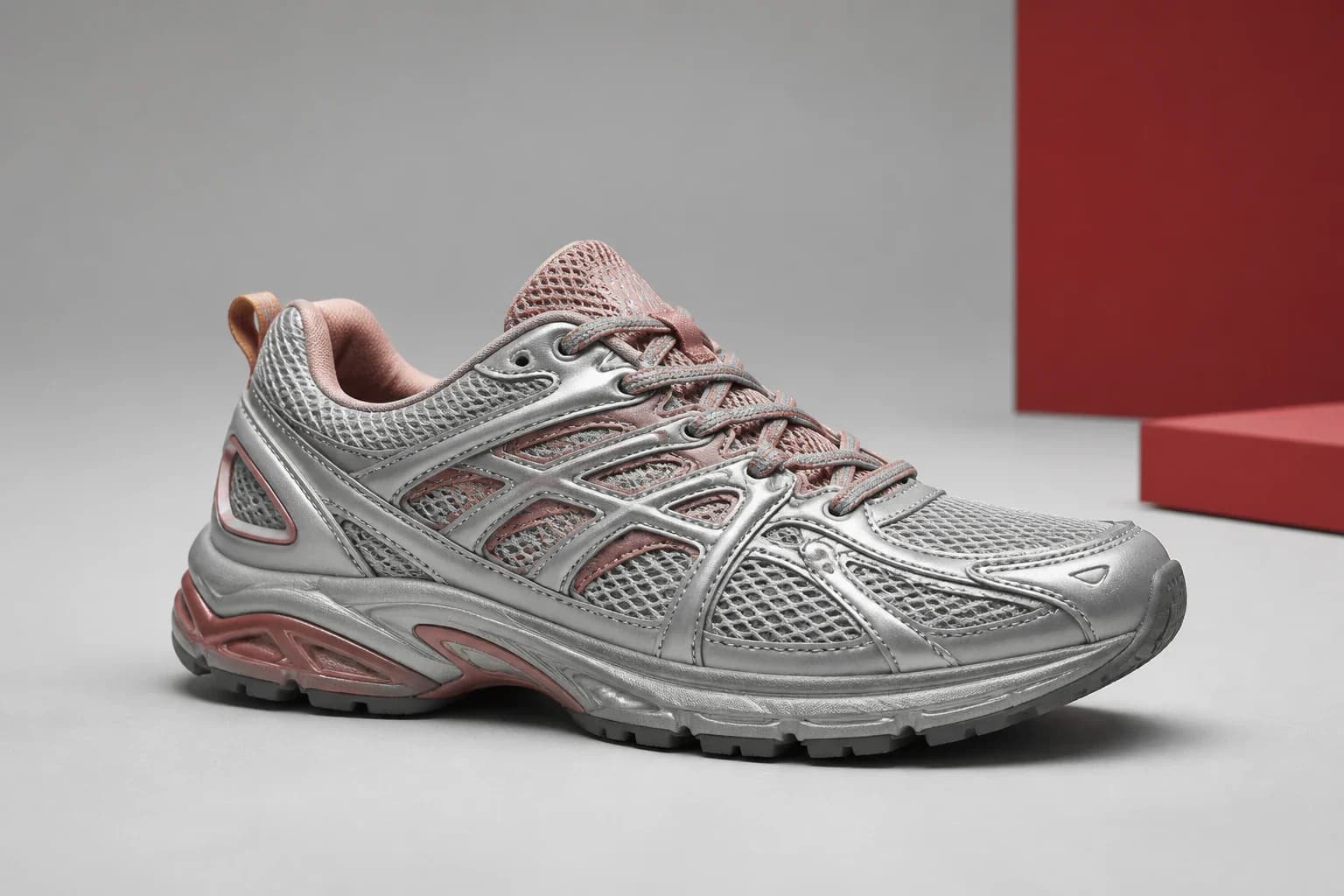 Unbranded silver and dusty pink open-mesh technical sneaker beside red blocks