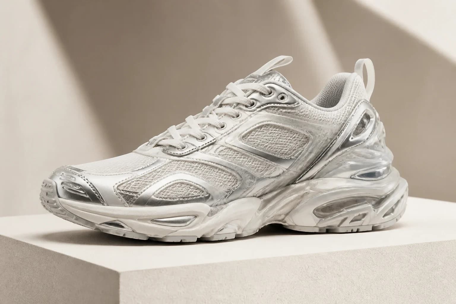 Unbranded white and metallic silver chunky technical sneaker on a studio plinth