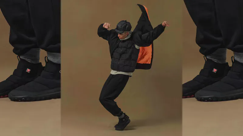 Runner in black sportswear wearing black ankle shoes in a three-panel studio image