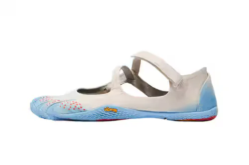 White and blue Vibram FiveFingers shoe in side profile