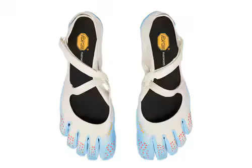 Pair of white and blue Vibram FiveFingers shoes viewed from above