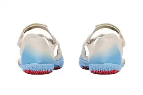 Rear view of white and blue Vibram FiveFingers shoes