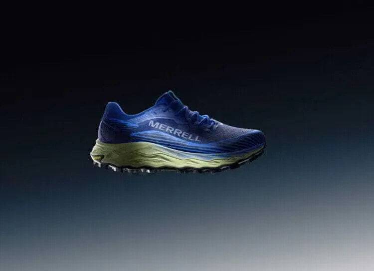 Blue Merrell trail running shoe displayed against a dark background