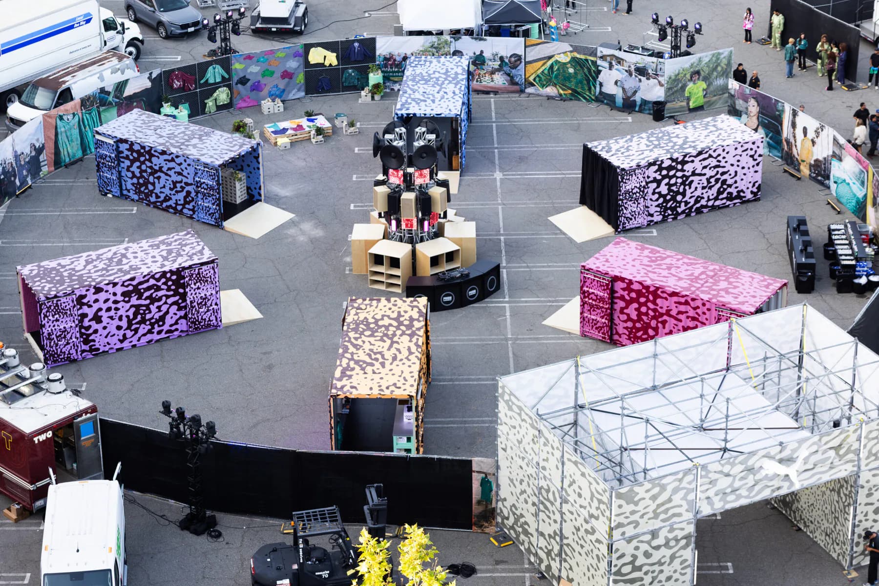 Overhead view of the PUMA x Salehe Bembury activation with patterned pop-up structures