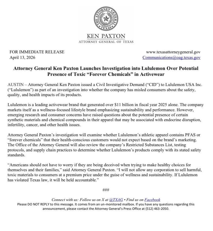 Texas AG Ken Paxton Opens A Formal PFAS Investigation Into Lululemon’s Activewear Claims — additional view 1