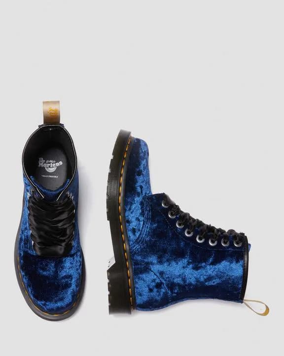 Blue crushed-velvet Dr. Martens Vegan 1460 lace-up boots