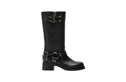 Black Steve Madden Astor knee-high leather moto boot with buckles