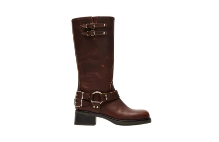 Brown Steve Madden Astor knee-high leather moto boot with buckles