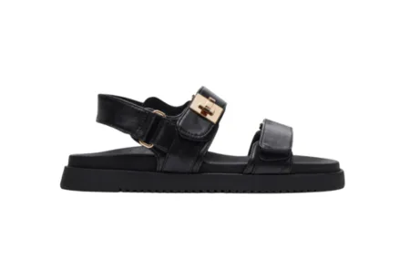 Black Steve Madden Mona leather sandal with two buckle straps