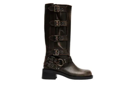 Brown Steve Madden Rocky distressed moto boot with multiple buckles